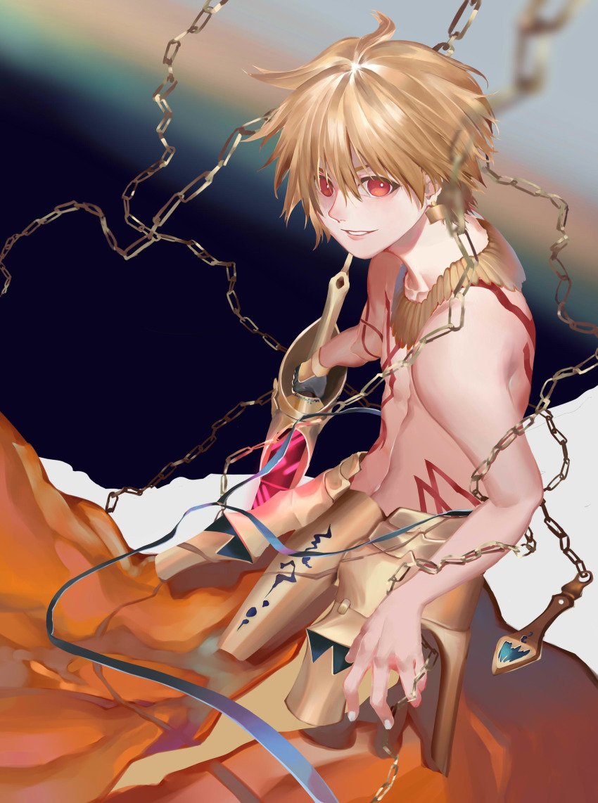1boy, absurdres, armor, black_gloves, blonde_hair, blurry, blurry_foreground, body_markings, chain, child_gilgamesh_(fate), earrings, fate/grand_order, fate_(series), fingernails, gilgamesh_(fate), gloves, glowing, glowing_weapon, hair_between_eyes, highres, holding, holding_lance, holding_polearm, holding_weapon, jewelry, lance, male_focus, navel, necklace, niza, parted_lips, polearm, red_eyes, topless_male, single_glove, smile, solo, teeth, weapon