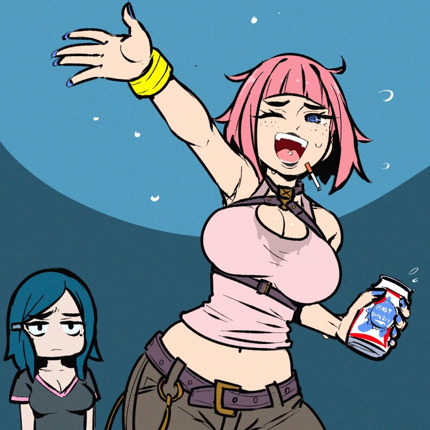 2girls, akairiot, arm_up, armpits, belt, blue_background, blue_eyes, blue_hair, blue_nails, breasts, brown_pants, can, cigarette, cleavage, cowboy_shot, freckles, greta_(akairiot), highres, holding, holding_can, kathleen_(akairiot), large_breasts, looking_at_viewer, medium_breasts, medium_hair, midriff, mole, mole_under_eye, multiple_girls, nail_polish, navel, one_eye_closed, open_mouth, original, pants, pink_hair, pink_tank_top, short_hair, short_sleeves, smile, solo_focus, tank_top
