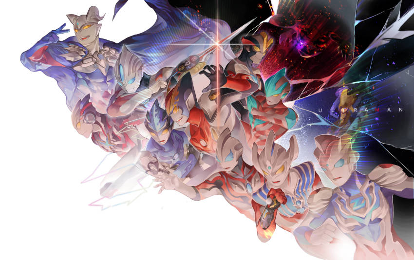 6+boys, absurdres, blade, blue_cape, blue_eyes, cape, character_request, claws