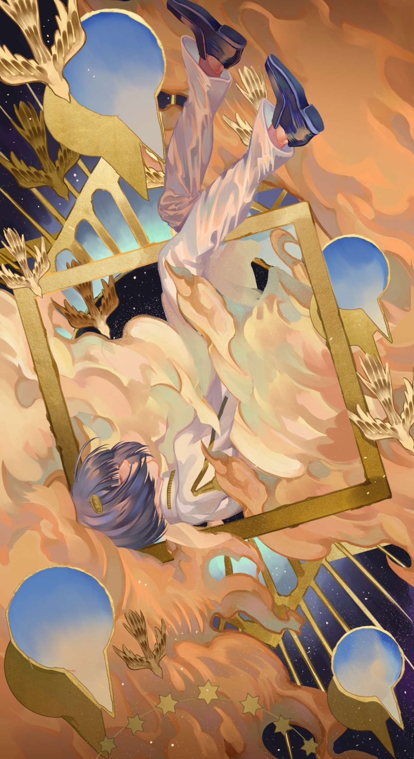 1boy, absurdres, bird, black_footwear, black_hair, bob_cut, bruno_bucciarati, cloud