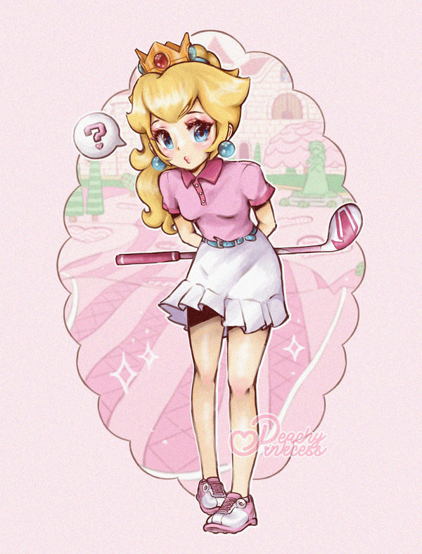 1girl, ?, arms_behind_back, artist_name, belt, belt_buckle, blonde_hair, blue_belt, blue_eyes, breasts, buckle, buttons, crown, earrings, eyelashes, flutterinreallife, full_body, golf, golf_club, golf_course, holding, holding_golf_club, jewelry, leaning_forward, lips, long_hair, looking_at_viewer, mario_(series), mario_golf, mario_golf:_super_rush, mario_golf:_world_tour, nintendo, pink_background, pink_lips, pink_shirt, pink_shoes, pleated_skirt, polo_shirt, ponytail, princess_peach, princess_peach's_castle, puckered_lips, shirt, shirt_tucked_in, shoes, short_sleeves, skirt, small_breasts, sneakers, solo, sparkle, speech_bubble, spoken_question_mark, standing, statue, tree, white_shoes, white_skirt