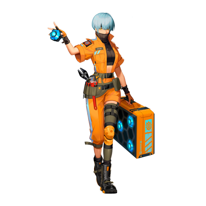 1girl, belt, belt_pouch, black_footwear, black_headband, black_survival, blue_hair, bolt_cutters