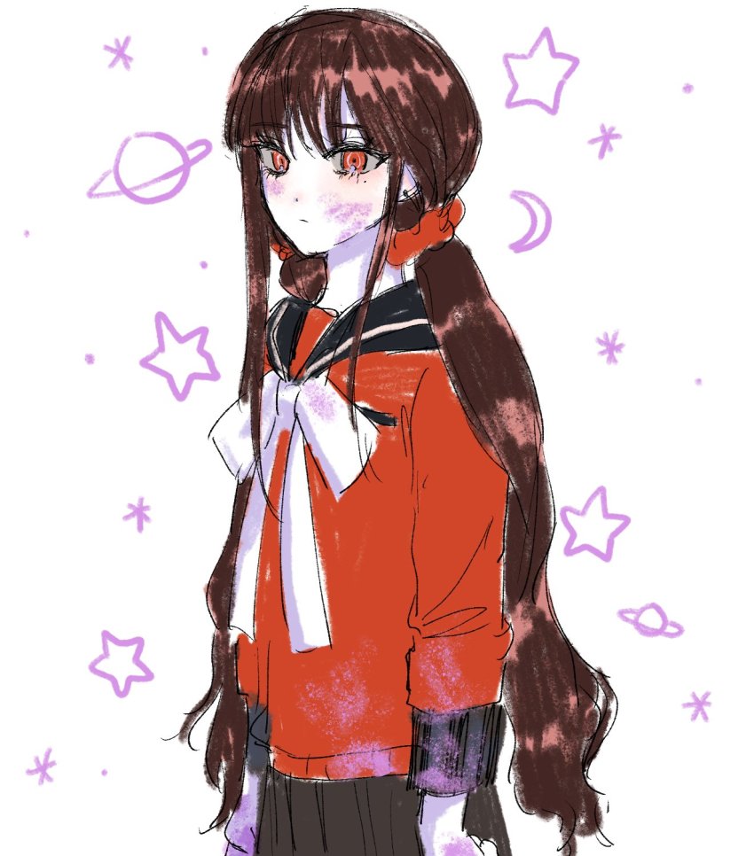 1girl, black_hair, blood, blood_on_face, brown_hair, closed_mouth, cowboy_shot, danganronpa_(series)