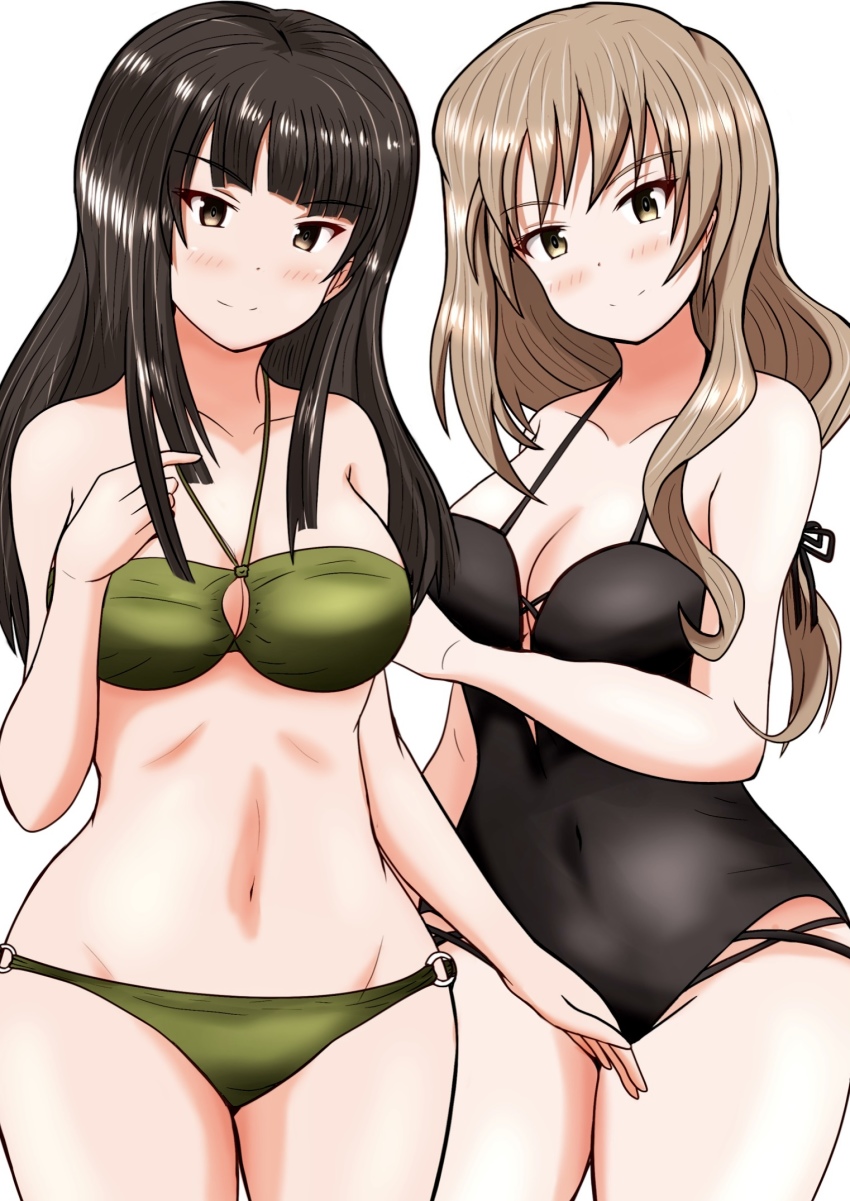 2girls, bikini, black_hair, black_one-piece_swimsuit, blonde_hair, blunt_bangs, blush, breasts, brown_eyes, cleavage, closed_mouth, collarbone, covered_navel, girls_und_panzer, green_bikini, groin, halterneck, hand_in_own_hair, highres, large_breasts, long_hair, looking_at_viewer, low-tied_long_hair, mature_female, meiya, multiple_girls, navel, nishizumi_shiho, o-ring, o-ring_bikini, one-piece_swimsuit, shimada_chiyo, side-by-side, simple_background, smile, standing, swimsuit, white_background, yuri