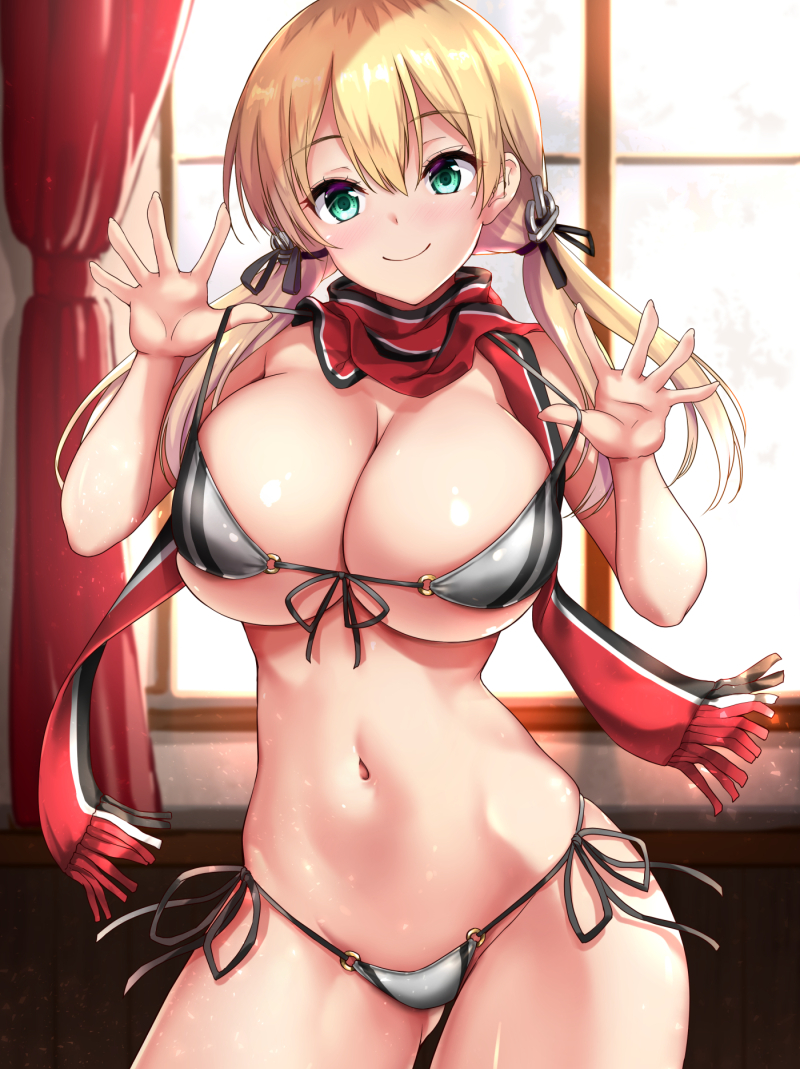 1girl, akizuki_akina, alternate_costume, anchor_hair_ornament, bare_arms, bare_legs, bikini, bikini_pull