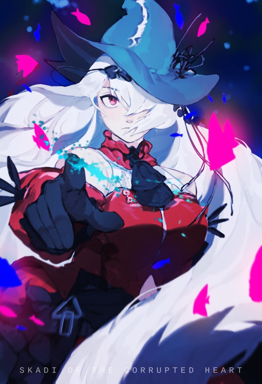 1girl, arknights, bare_shoulders, blue_gloves, blue_headwear, blush, breasts, character_name