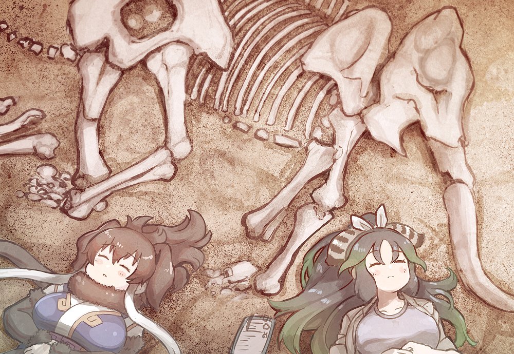 2girls, black_hair, brown_hair, coat, detached_sleeves, closed_eyes, fossil, from_above