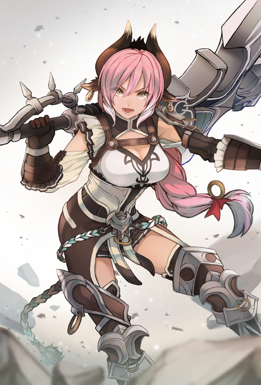 1girl, action, animal_ears, armor, brown_eyes, cow_ears, falcom, highres