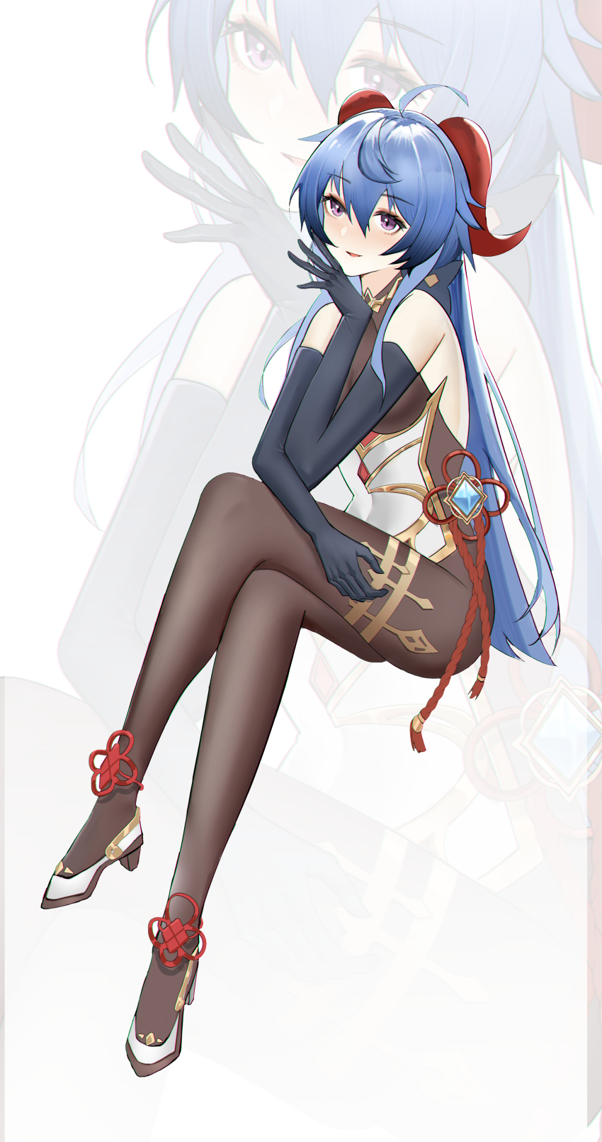 1girl, absurdres, ahoge, bare_shoulders, black_gloves, blue_hair, duohelengshuiba, elbow_gloves, full_body, ganyu_(genshin_impact), genshin_impact, gloves, hair_between_eyes, hand_up, high_heels, highres, horns, jewelry, long_hair, looking_at_viewer, parted_lips, purple_eyes, simple_background, sitting, smile, solo, thighlet, thighs, white_background, zoom_layer
