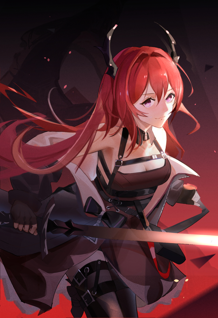 1girl, absurdres, arknights, bare_shoulders, black_dress, black_gloves, black_legwear, breasts