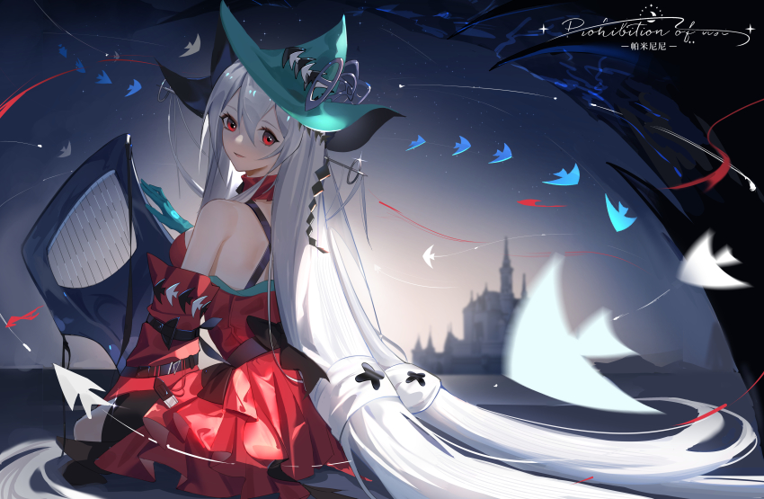 1girl, absurdres, arknights, bare_shoulders, blue_gloves, blue_headwear, detached_sleeves, dress