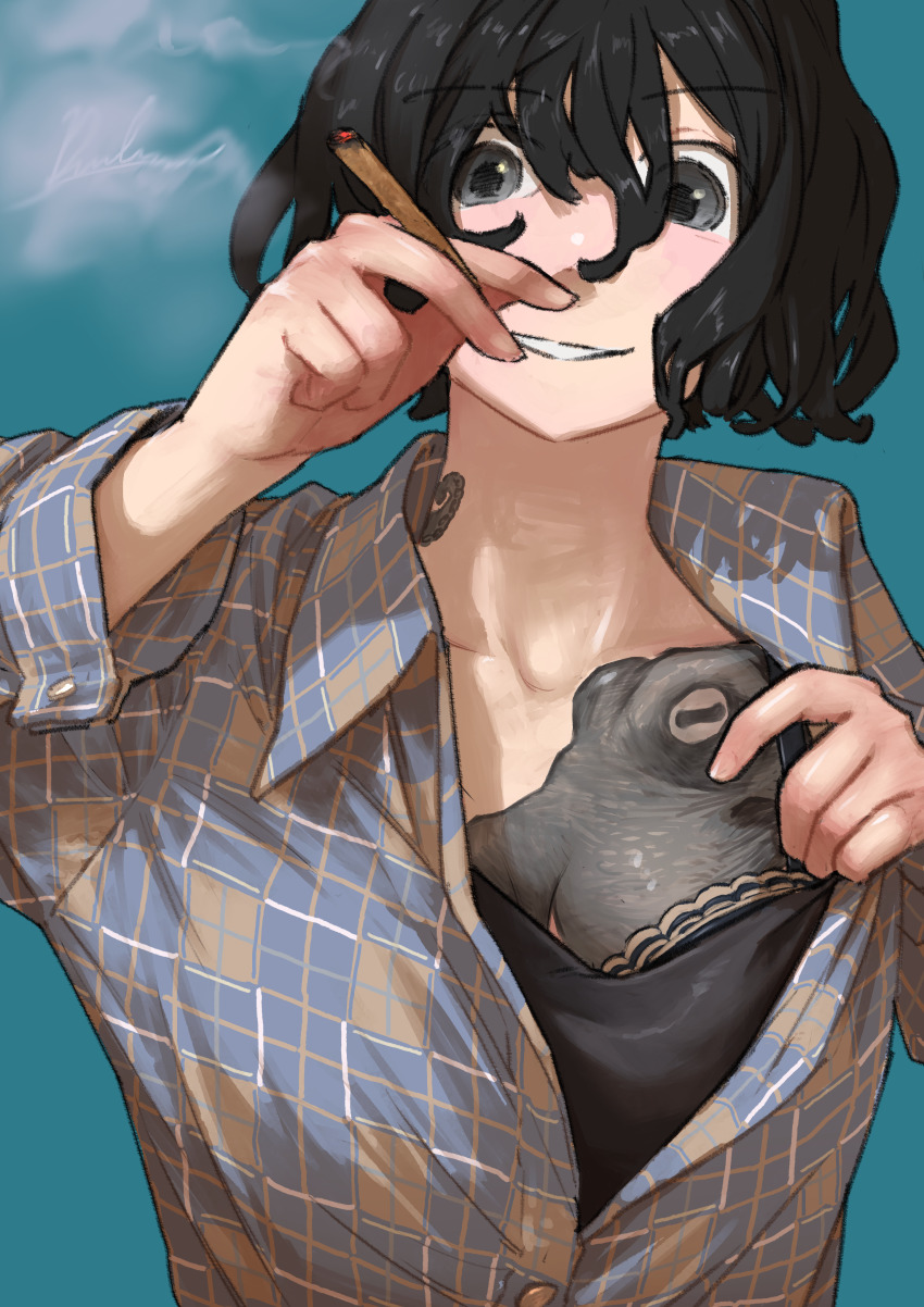 1girl, absurdres, black_hair, blue_background, bra, female_focus, grin, hair_between_eyes