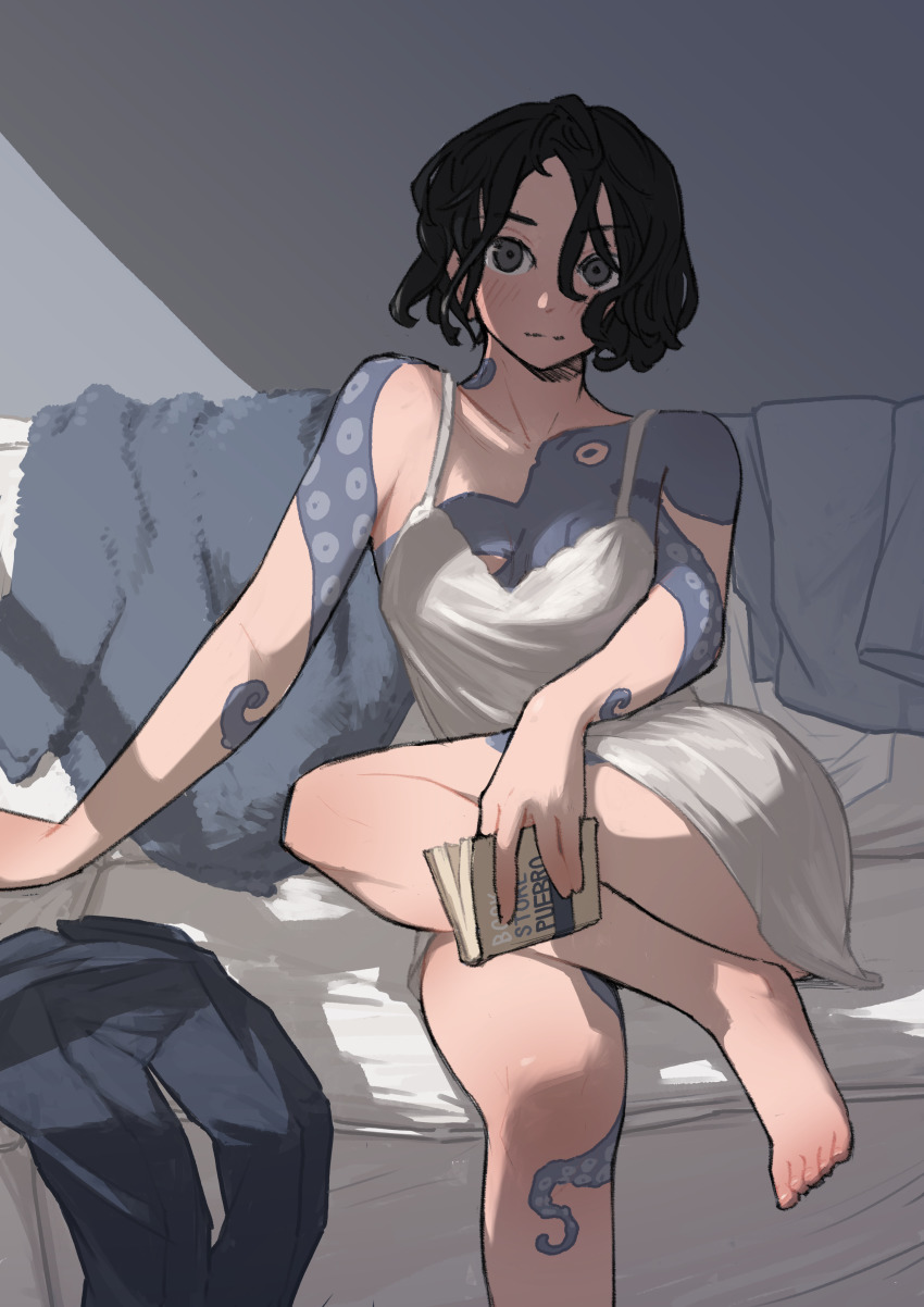 1girl, absurdres, artist_name, black_hair, book, couch, female_focus, hair_between_eyes