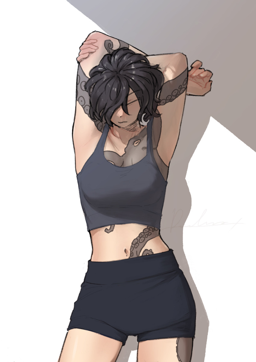 1girl, absurdres, arms_up, black_hair, crop_top, female_focus, gym_shorts, hair_over_one_eye