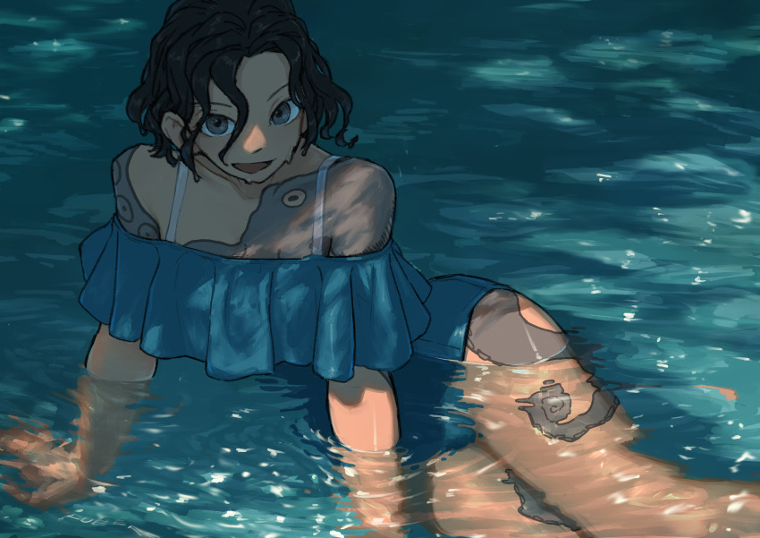 1girl, absurdres, arm_support, bare_shoulders, black_hair, blue_one-piece_swimsuit, female_focus, frilled_swimsuit