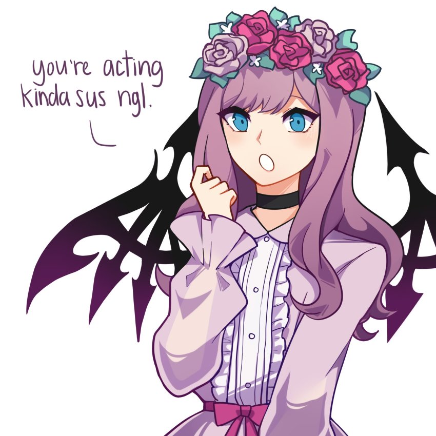 1girl, aged_up, among_us, atarashi_coco, black_wings, blue_eyes, collar, dress, english_text, flower, frilled_dress, frills, hair_flower, hair_ornament, head_wreath, highres, laurel_crown, long_hair, looking_at_viewer, meme, open_mouth, pink_dress, pink_hair, purple_hair, shin_subarashiki_kono_sekai, simple_background, solo, subarashiki_kono_sekai, white_background, wings, wyvernthecat
