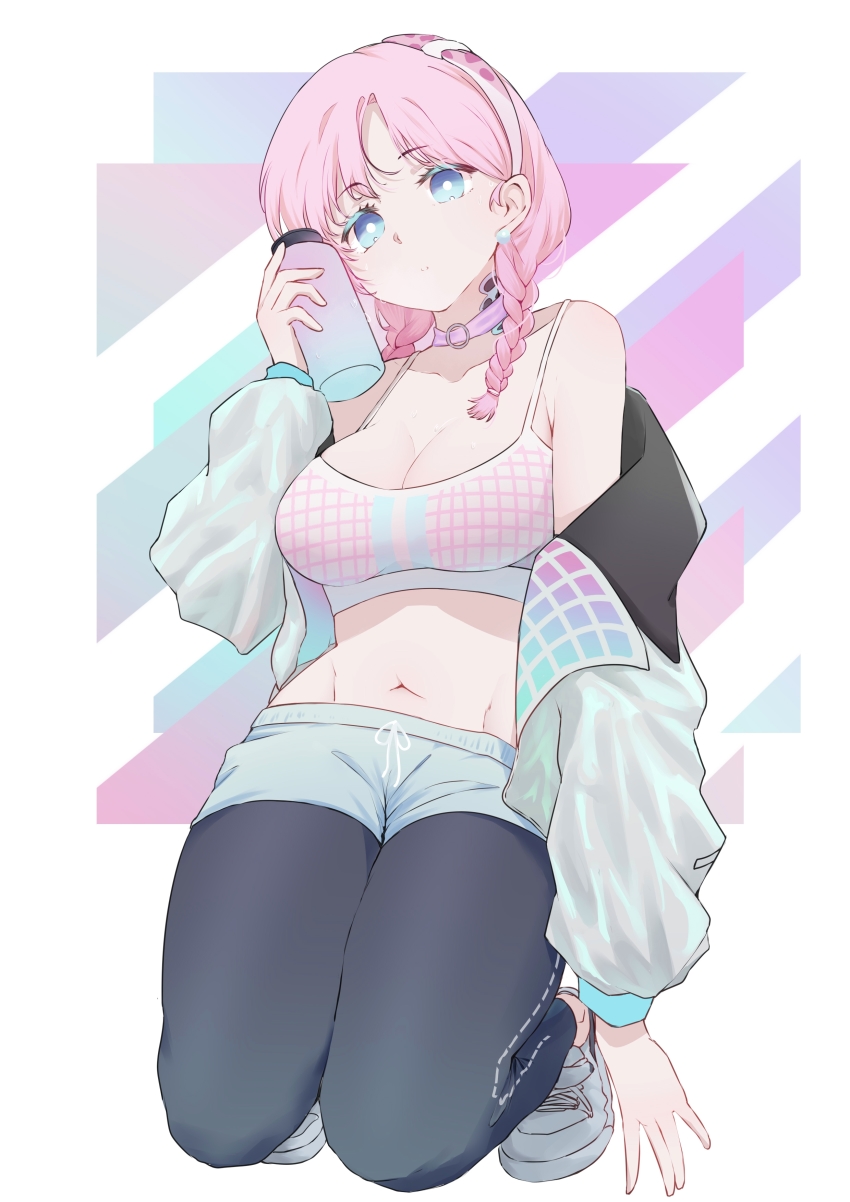 absurdres, arknights, bare_shoulders, black_pants, blue_eyes, blue_jacket, blue_poison_(arknights), blue_poison_(shoal_beat)_(arknights), blue_shorts, braid, breasts, camisole, choker, cleavage, collarbone, colored_eyelashes, commentary, crop_top, hairband, hand_up, head_tilt, highres, holding, jacket, kneeling, leggings, long_hair, long_sleeves, medium_breasts, midriff, navel, off_shoulder, official_alternate_costume, open_clothes, open_jacket, pants, pink_choker, pink_hair, red_(aba02), shoes, short_shorts, shorts, solo, spaghetti_strap, sports_bra, stomach, thighs, twin_braids