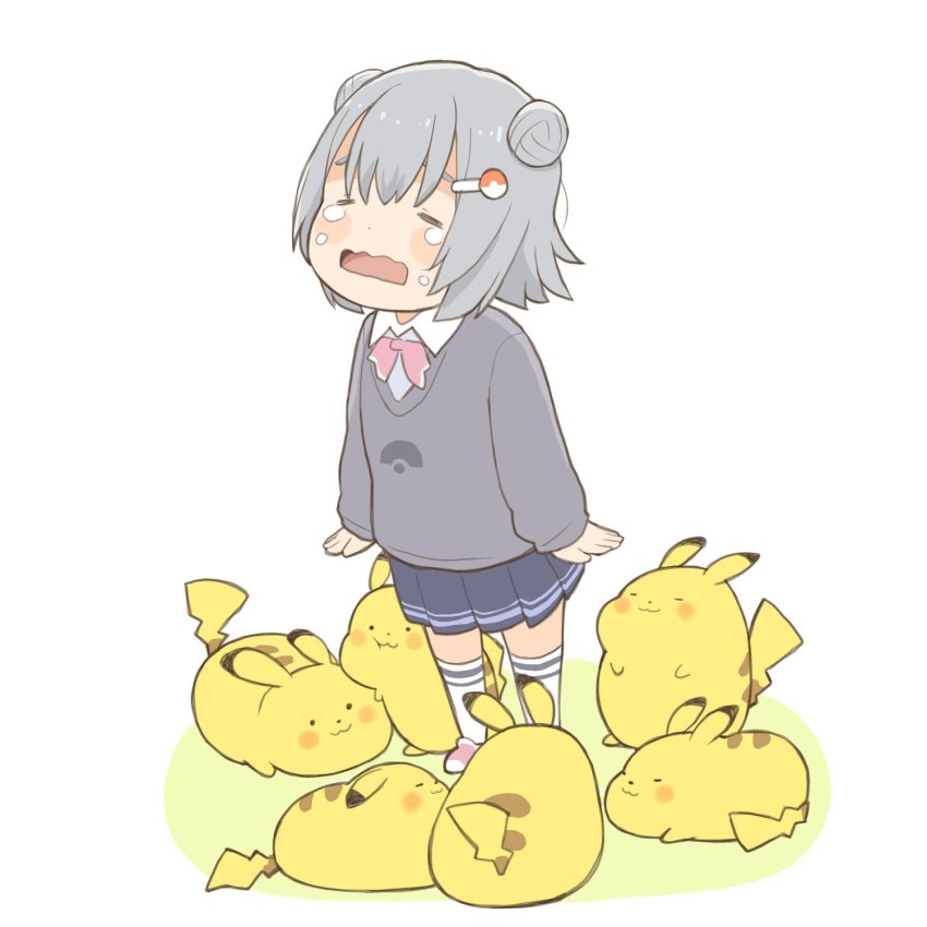 1girl, :3, ascot, blue_skirt, blush_stickers, bow, bowtie, cevio, chibi, closed_eyes, commentary, crossover, crying, double_bun, gen_1_pokemon, grey_hair, grey_sweater, hair_bun, highres, itesu, kneehighs, koharu_rikka, miniskirt, nintendo, open_mouth, pikachu, pink_bow, pink_bowtie, pink_shoes, pleated_skirt, poke_ball_hair_ornament, pokemon, pokemon_(creature), shoes, short_hair, skirt, socks, standing, sweater, synthesizer_v, white_socks