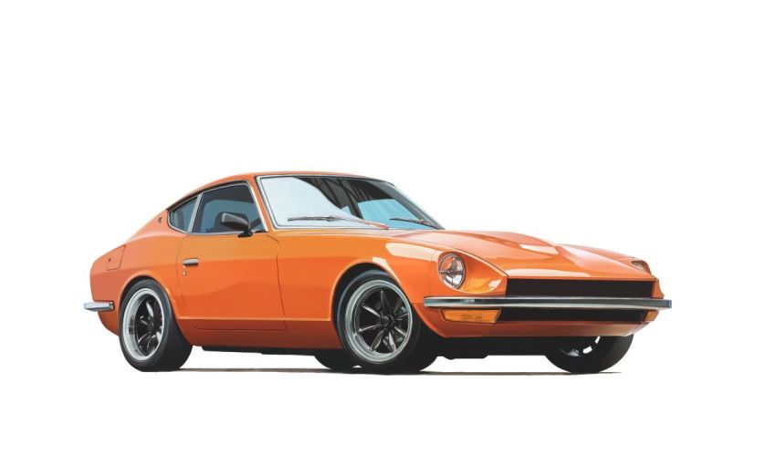 asai_takashi, car, datsun_240z, from_side, motor_vehicle, nissan, nissan_fairlady, nissan_fairlady_z, no_humans, original, realistic, shadow, solo, vehicle_focus, white_background