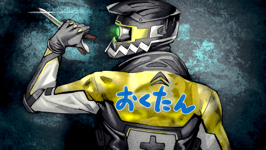 1boy, apex_legends, bad_id, bad_pixiv_id, black_gloves, black_headwear, black_jacket, from_behind, gloves, glowing, glowing_eyes, gold_rush_octane, helmet, highres, holding, holding_knife, jacket, knife, looking_back, male_focus, motorcycle_helmet, multicolored_jacket, octane_(apex_legends), official_alternate_costume, solo, thinker_0616, yellow_jacket