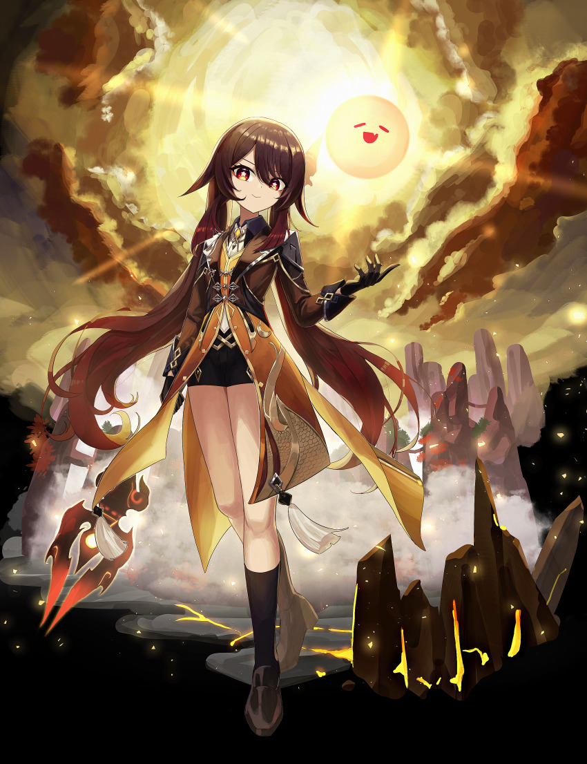 1girl, absurdres, adapted_costume, black_gloves, black_shoes, black_shorts, black_socks, brown_coat, brown_hair, cloud, coat, cosplay, flat_chest, full_body, genshin_impact, gloves, gradient_hair, highres, holding, holding_polearm, holding_spear, holding_weapon, hu_tao_(genshin_impact), huge_filesize, kneehighs, long_hair, long_sleeves, looking_at_viewer, multicolored_hair, pellas_(panix2383), polearm, red_eyes, shoes, short_shorts, shorts, smile, socks, solo, spear, star-shaped_pupils, star_(symbol), sunlight, symbol-shaped_pupils, thighs, twintails, very_long_hair, weapon, zhongli_(genshin_impact), zhongli_(genshin_impact)_(cosplay)