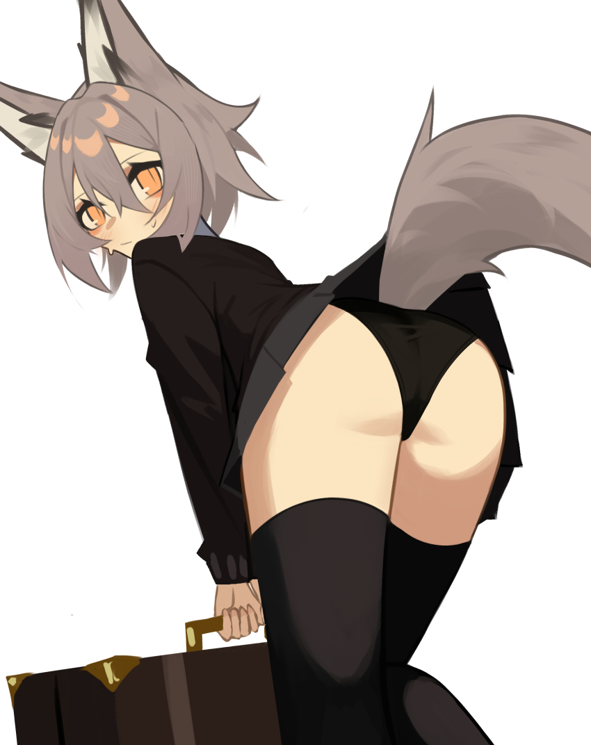 1girl, absurdres, animal_ears, ass, black_jacket, black_panties, blazer, blush