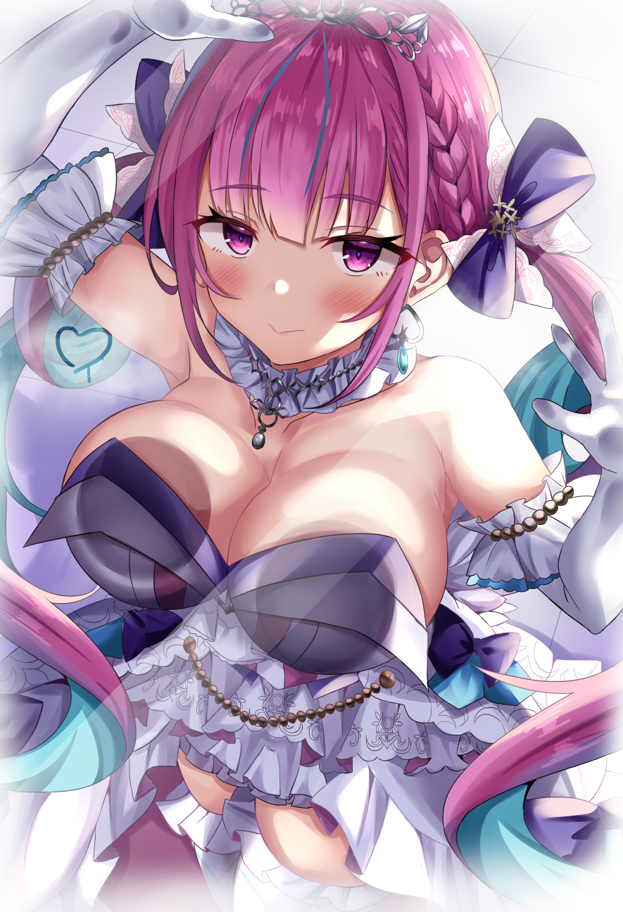 1girl, against_glass, blue_bow, blunt_bangs, bow, breast_press, breasts, breasts_on_glass