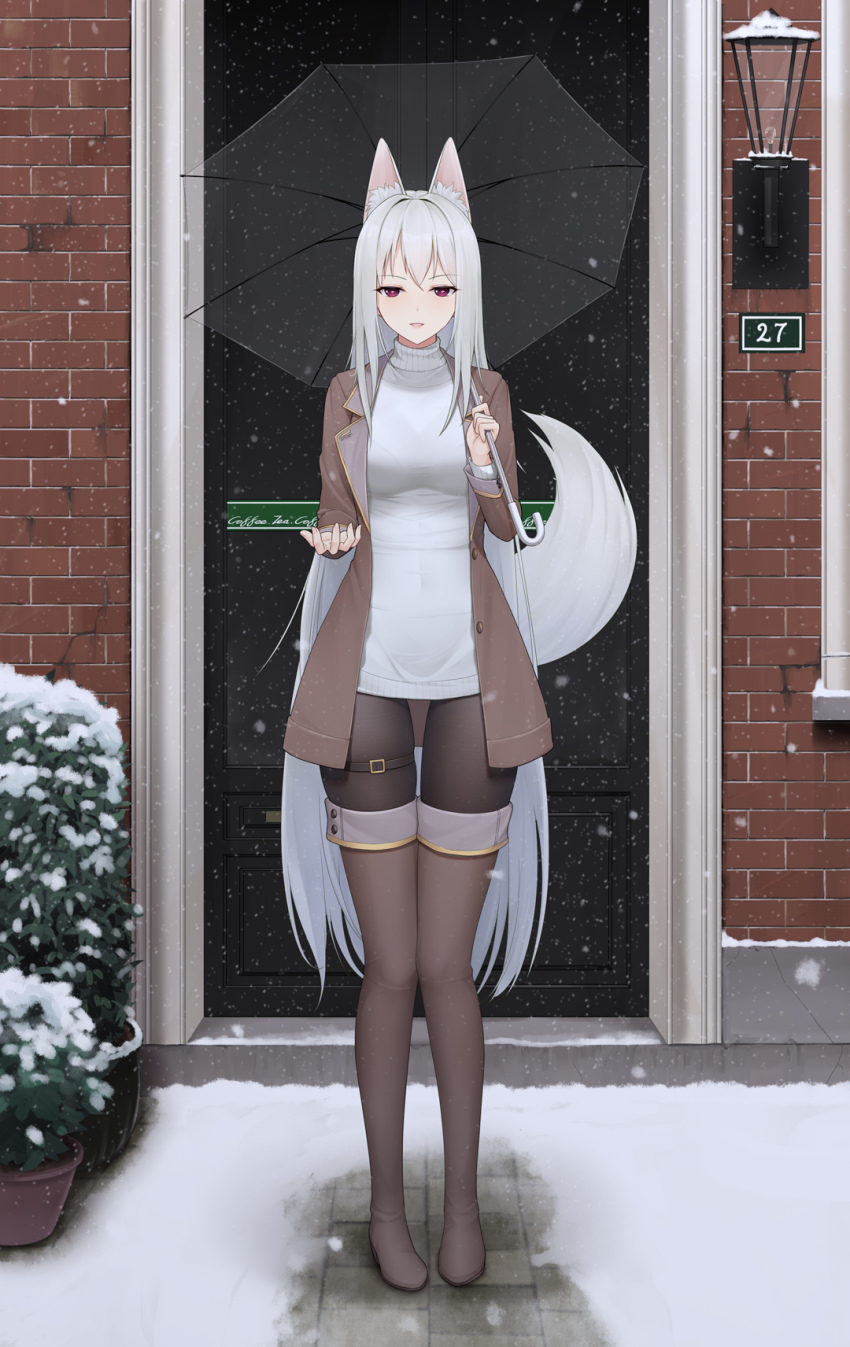 1girl, animal_ear_fluff, animal_ears, bad_anatomy, boots, breasts, brown_boots, coat, female_focus, fox_ears, fox_girl, fox_tail, half-closed_eyes, highres, laoan, long_hair, medium_breasts, pantyhose, parted_lips, princess_connect!, purple_eyes, senri_mana, sidelocks, skindentation, snow, snowing, solo, sweater, tail, thigh_boots, thigh_strap, thighhighs, umbrella, very_long_hair, white_hair, white_sweater