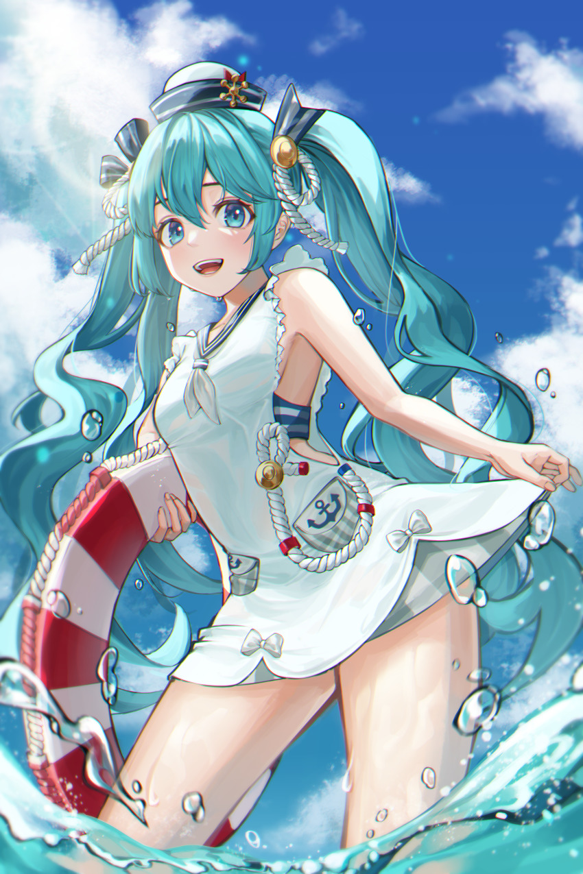 1girl, :d, absurdres, bikini, bikini_under_clothes, blue_eyes, blue_hair, blue_sailor_collar