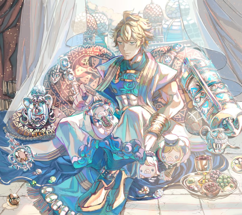 abs, ahoge, aladdin_(sinoalice), arabian_clothes, bad_id, bad_twitter_id, blanket, blonde_hair, blue_eyes, bracelet, building, chest_plate, closed_mouth, cup, curtains, drinking_glass, food, gem, hanazome_march, highres, hot_dog, ice_cream, indoors, jewelry, lamp, male_focus, muscular, pig, pillow, plate, scroll, short_hair, signature, sinoalice, sitting, smile, solo, three_little_pigs_(sinoalice), window, wine_glass