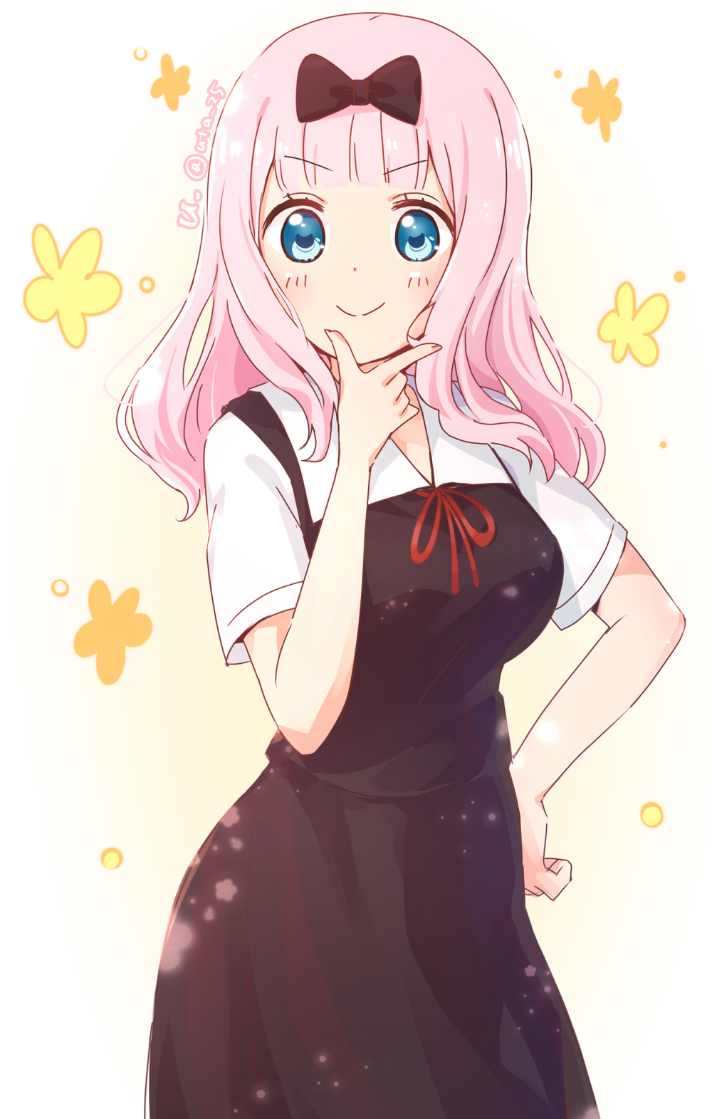 1girl, black_dress, blouse, blue_eyes, blunt_bangs, bow, closed_mouth, collared_shirt