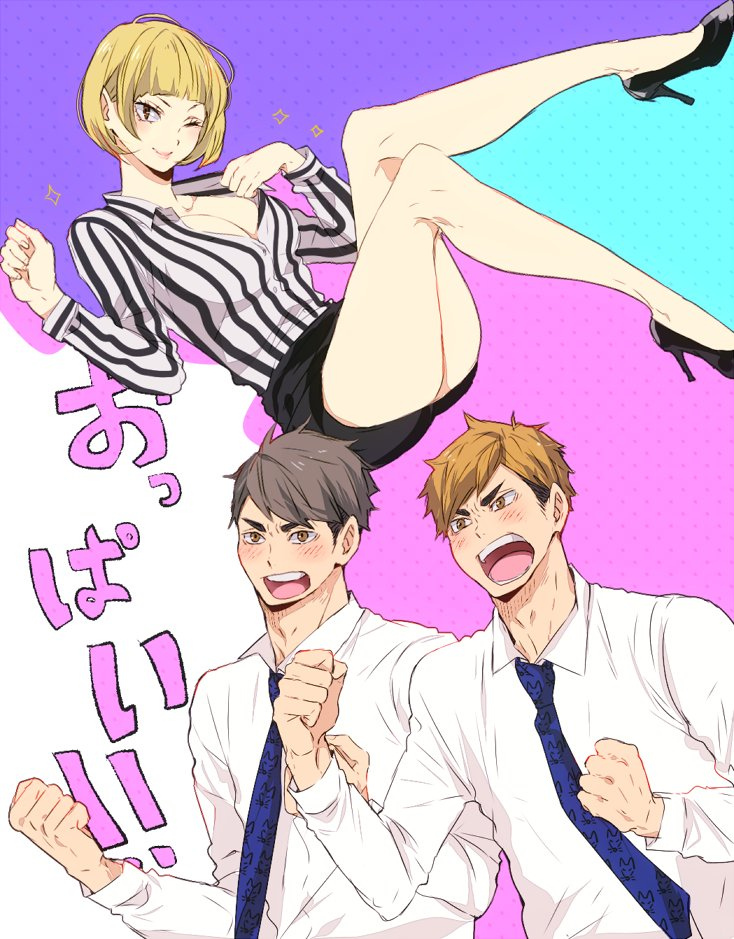 1girl, 2boys, adam's_apple, age_difference, alternate_costume, black_footwear, black_skirt, blonde_hair, blue_neckwear, blush, breasts, brothers, cleavage, clenched_hands, collared_shirt, ebi_(eeemimn), excited, eyebrows, eyelashes, formal_clothes, grey_hair, grin, haikyuu!!, hands_up, high_heels, large_breasts, long_sleeves, meme, miniskirt, miya_atsumu, miya_osamu, multicolored_hair, multiple_boys, necktie, one_eye_closed, open_mouth, pink_lips, shirt, short_hair, siblings, skirt, smile, sparkle, striped_clothes, striped_shirt, tanaka_saeko_(haikyuu!!), teeth, text_focus, tongue, twins, two-tone_hair, vertical-striped_clothes, vertical-striped_shirt, white_shirt