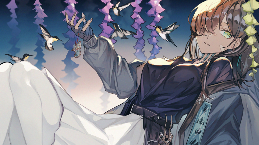 1girl, arknights, bandaid, bandaid_on_face, belt, bird, brown_hair, dark-skinned_female