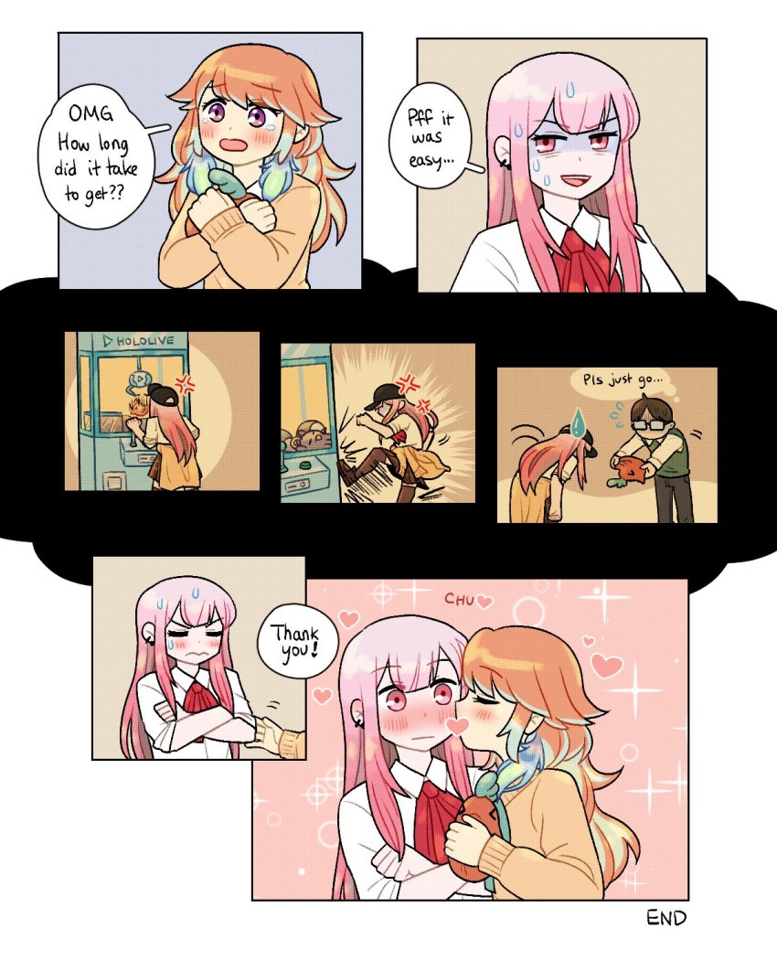 alternate_costume, anger_vein, angry, blunt_bangs, blush, bubba_(watson_amelia), chen_(somanychens), clothes_around_waist, couple, crane_game, earrings, english_text, feather_earrings, feathers, gradient_hair, highres, hololive, hololive_english, jewelry, kiss, kissing_cheek, kotori_(takanashi_kiara), mori_calliope, multicolored_hair, surprised, sweatdrop, takanashi_kiara, takodachi_(ninomae_ina'nis), teeth, upper_teeth_only, virtual_youtuber, yuri