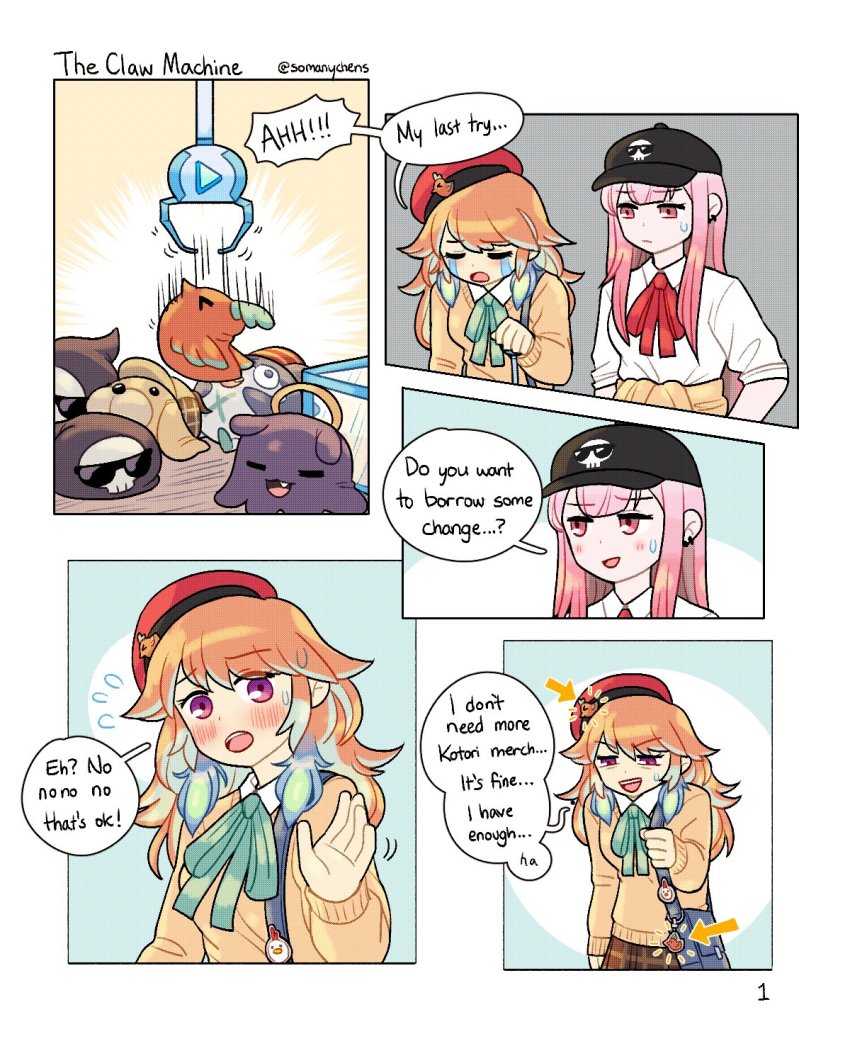 alternate_costume, bloop_(gawr_gura), blunt_bangs, blush, bubba_(watson_amelia), chen_(somanychens), clothes_around_waist, crying