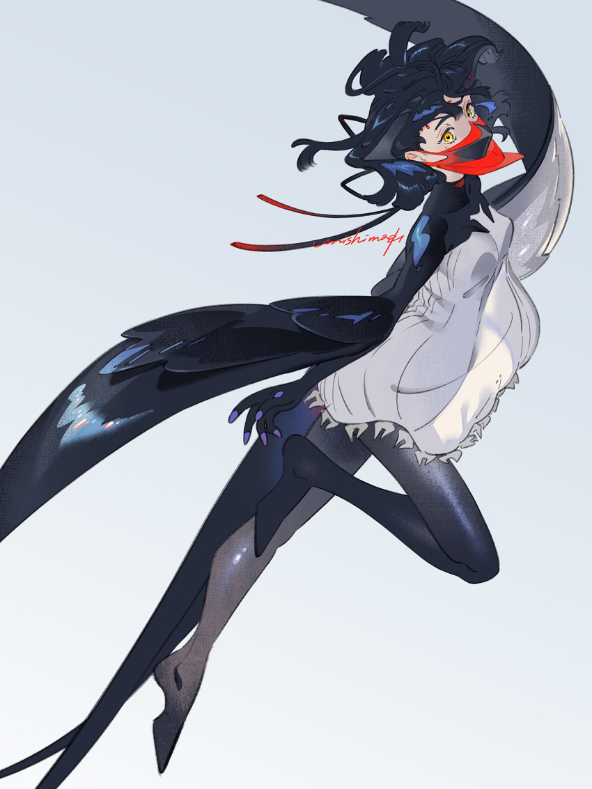 1girl, barn_swallow, black_hair, dress, floating_hair, full_body, highres, leg_up