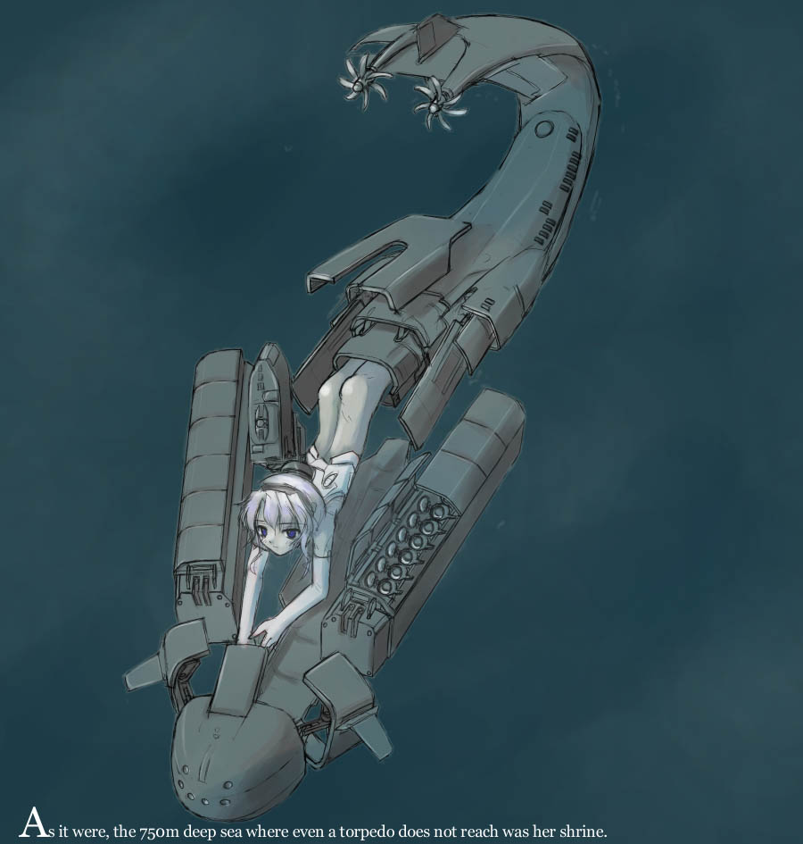 167sq, 1girl, bottomless, english_text, female_focus, mecha_musume, mermaid, military, monster_girl, original, oscar-class_submarine, personification, rirua_(kjom802), solo, soviet, submarine, underwater, watercraft