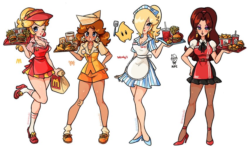 4girls, ankle_socks, apron, ascot, bag, blonde_hair, blue_eyes, blush