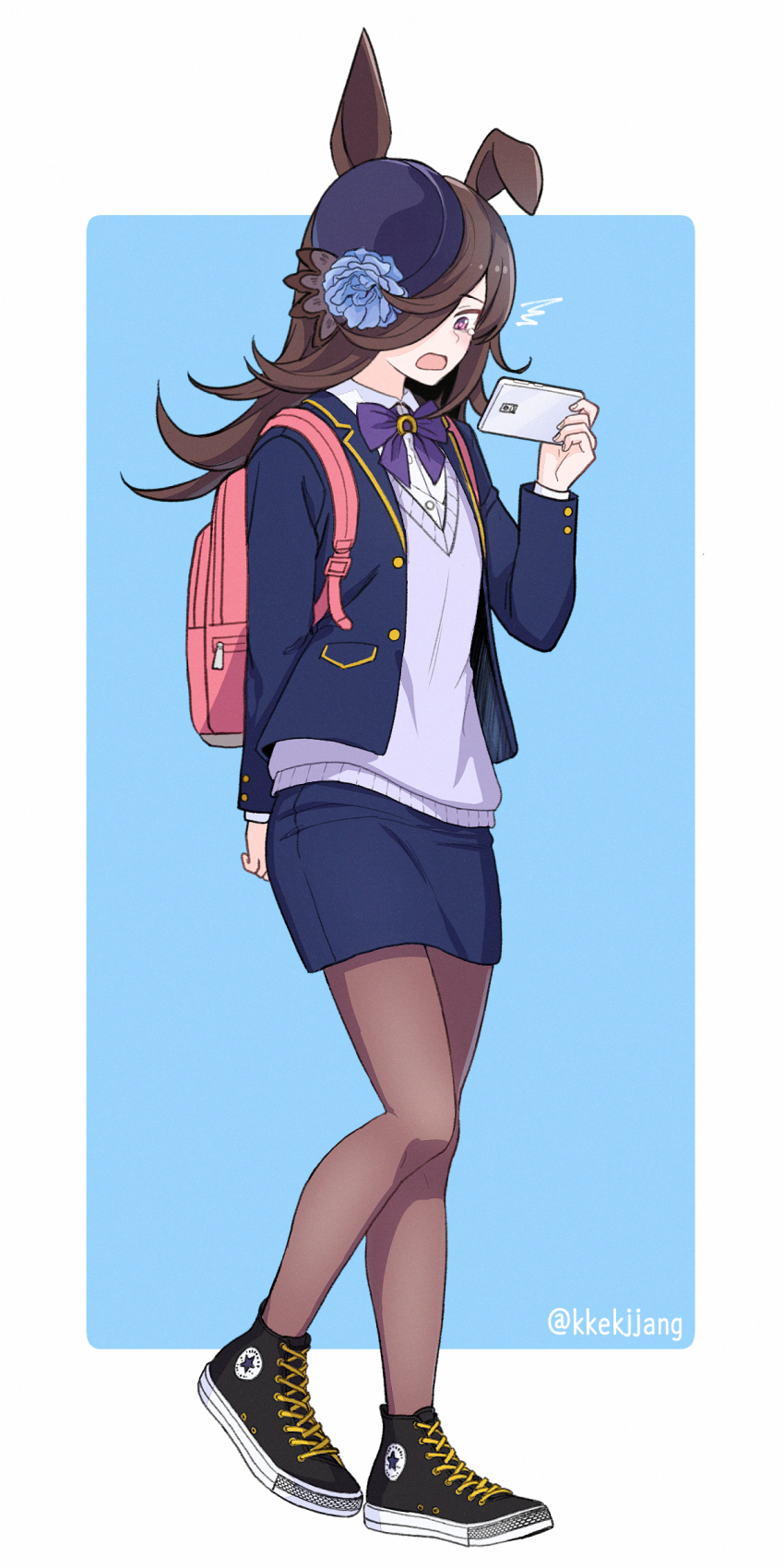 1girl, ^^^, absurdres, alternate_costume, animal_ears, backpack, bag, black_hat