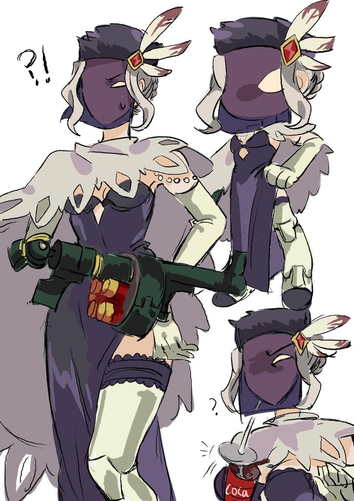 !?, 1girl, ammunition, amputee, arm_cannon, black_dahlia, blank_eyes, capelet