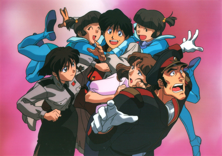 1990s_(style), 2boys, 4girls, black_eyes, black_hair, black_neckwear, bodysuit, brown_eyes