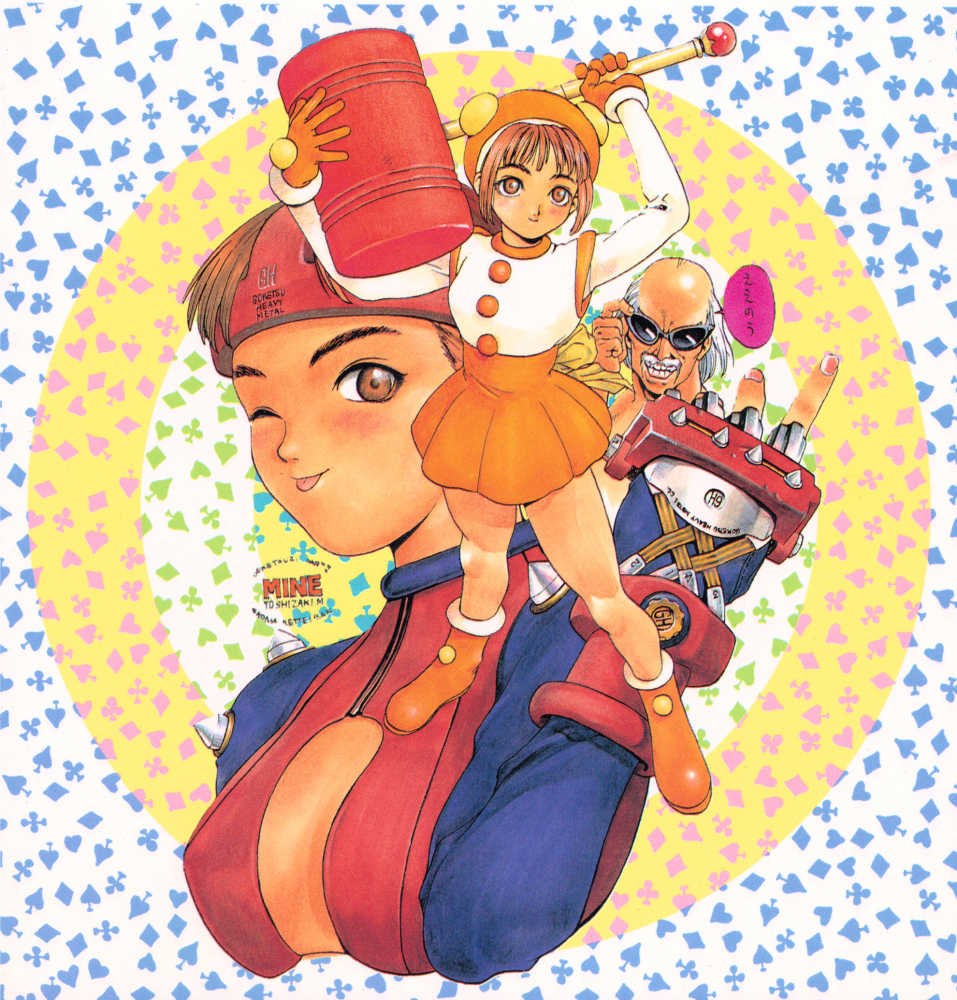 1990s_(style), 1boy, 2girls, :p, adjusting_eyewear, artist_name, atlus, balding