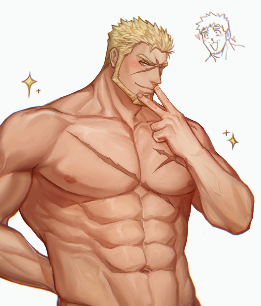 2boys, abs, bad_id, bad_twitter_id, bara, beard, blonde_hair, blood