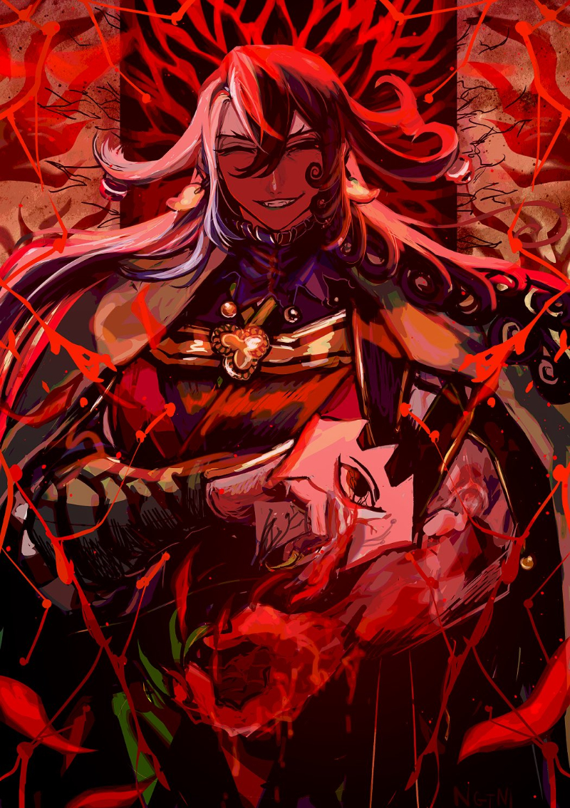 1boy, ashiya_douman_(fate), asymmetrical_clothes, asymmetrical_hair, bell, black_eyes, black_hair, blood