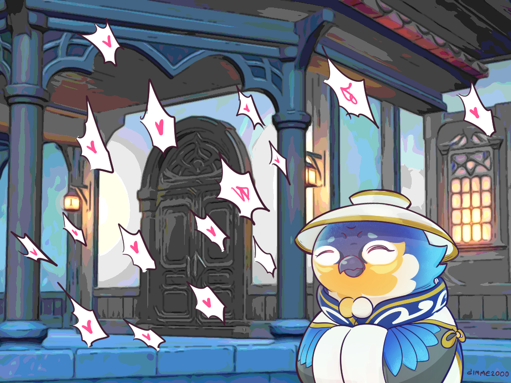 1girl, anger_vein, artist_name, bird, building, closed_eyes, cup, door