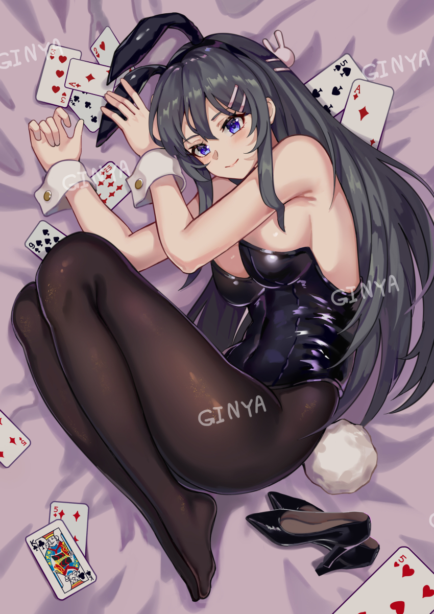1girl, absurdres, ace_(playing_card), ace_of_diamonds, animal_ears, bare_arms, bare_shoulders, bed_sheet
