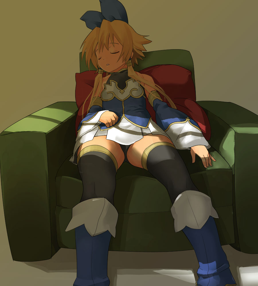 1girl, anshinmama, blonde_hair, boots, bow, chair, female_focus, hizashi_no_naka_no_real, meryl_star, parody, shinrabanshou, sitting, sleeping, solo, sum, thighhighs, twintails