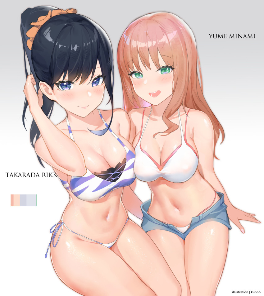 2girls, :d, asymmetrical_docking, bare_arms, bare_shoulders, bikini, black_hair, blue_eyes