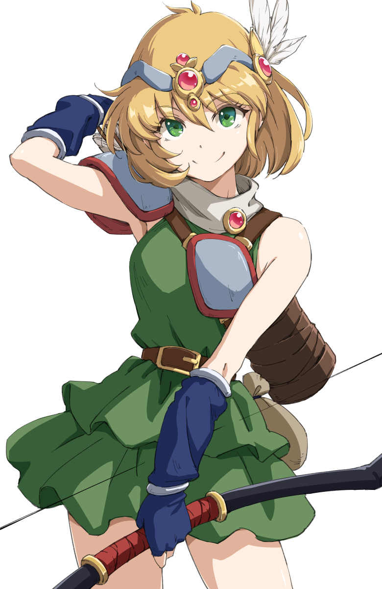 1girl, arm_behind_head, arm_up, armor, armpits, belt, blonde_hair, blue_gloves