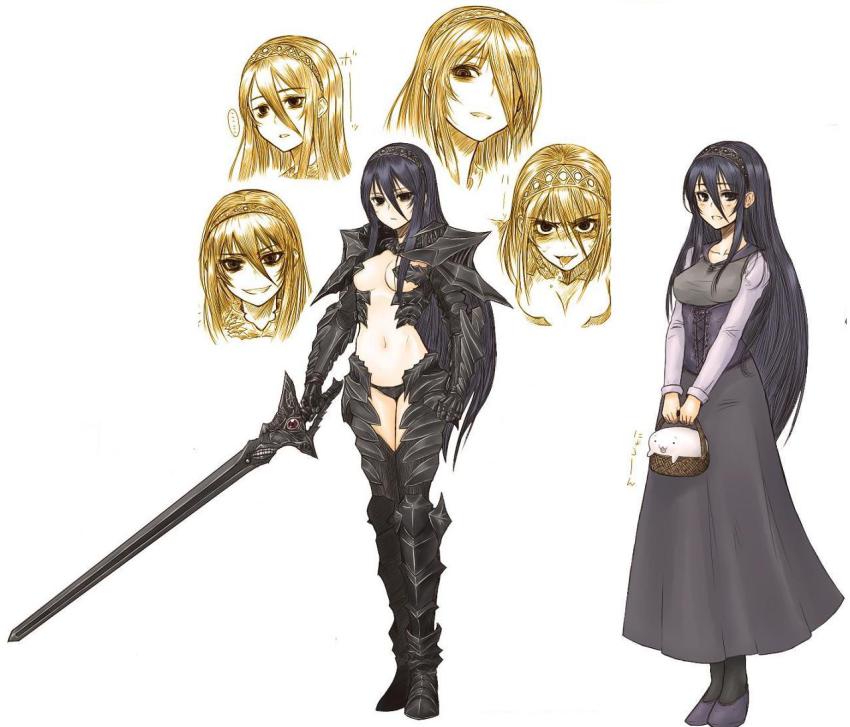 1girl, :p, angelica_of_urban, armor, artist_request, bags_under_eyes, black_dress, black_eyes